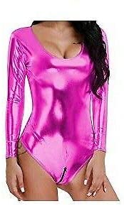 Womens Long Sleeve PVC Leather/Wet Look Shiny Metallic Leotard Bodysuit