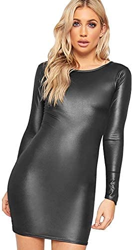 Womens Black Wet Look Stretch Bodycon Mini Dress Ladies Long Sleeve