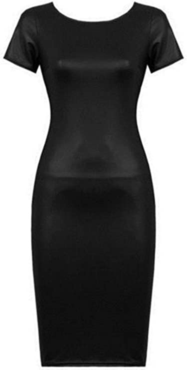 Ladies Wet Look Short Sleeve PU Womens Bodycon Midi Faux Leather Dress