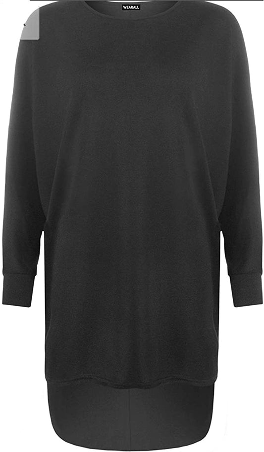 Women's Plus Plain Oversized Knit Long Sleeve Batwing Dip Hem Baggy Ladies Top